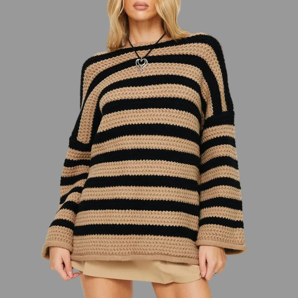Loose Striped Long Sleeved Knitted Pullover Casual Sweater - S / Khaki - Sweaters & Cardigans