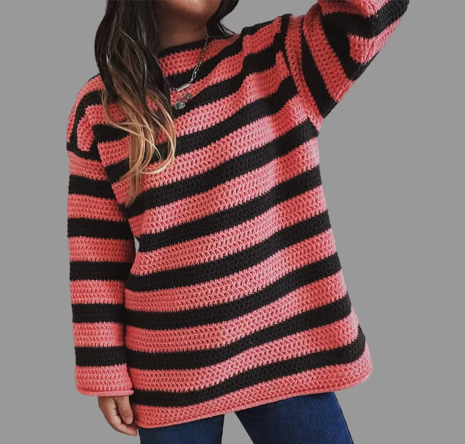 Loose Striped Long Sleeved Knitted Pullover Casual Sweater - S / Pink - Sweaters & Cardigans