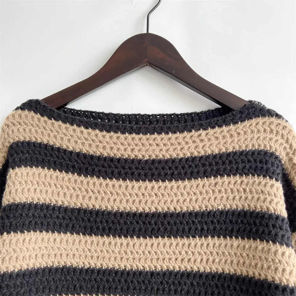 Loose Striped Long Sleeved Knitted Pullover Casual Sweater - Sweaters & Cardigans