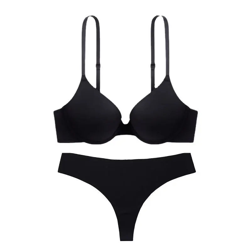 Luxury Push-up Expansion Latex Inner Cushion Bra Set - S / Black with Briefs - Panty Sets