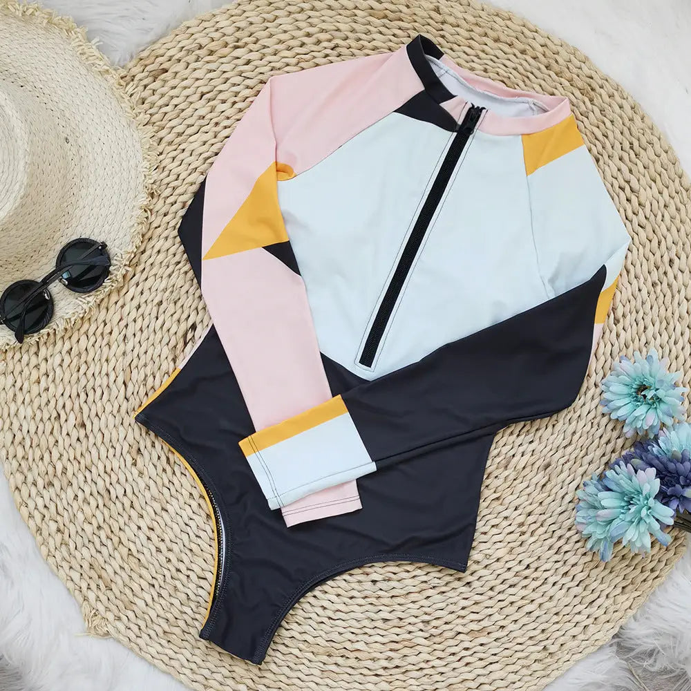 Mosaic Long Sleeve Zipper Surfing Suit - Suits