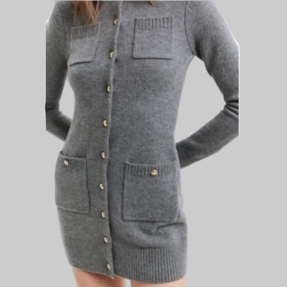 Multi Pocket Long Sleeved Knitted Dress - Dresses