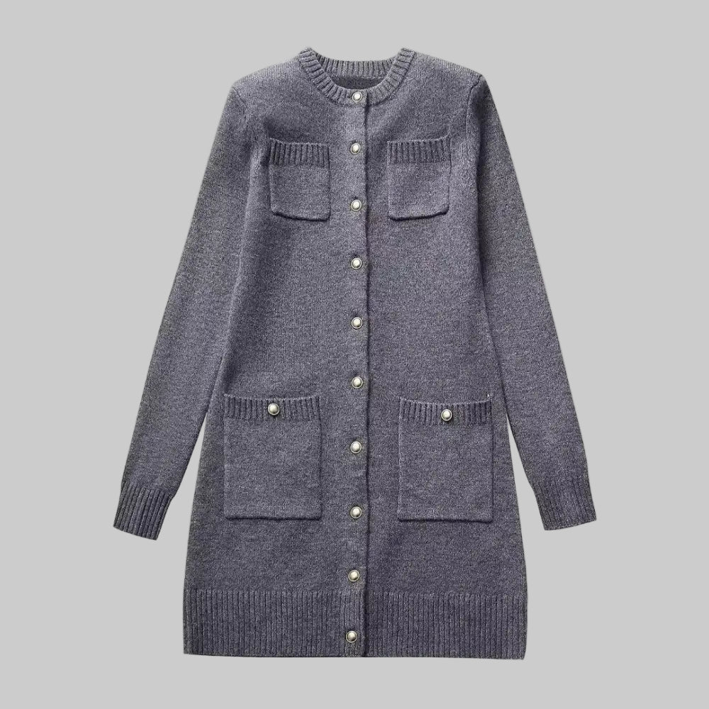 Multi Pocket Long Sleeved Knitted Dress - S / Gray - Dresses