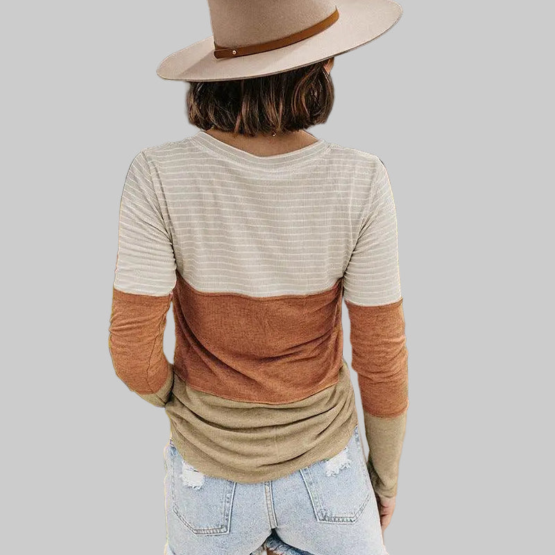 Orange Striped Color Block Long Sleeved Top - Shirts & Blouses