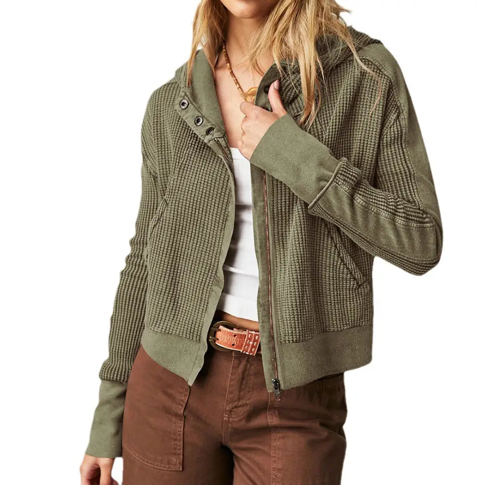 Patchwork Hooded Long Sleeve Loose Lazy Zipper Sweatshirt - S / Army Green - Sweatshirts & Hoodies