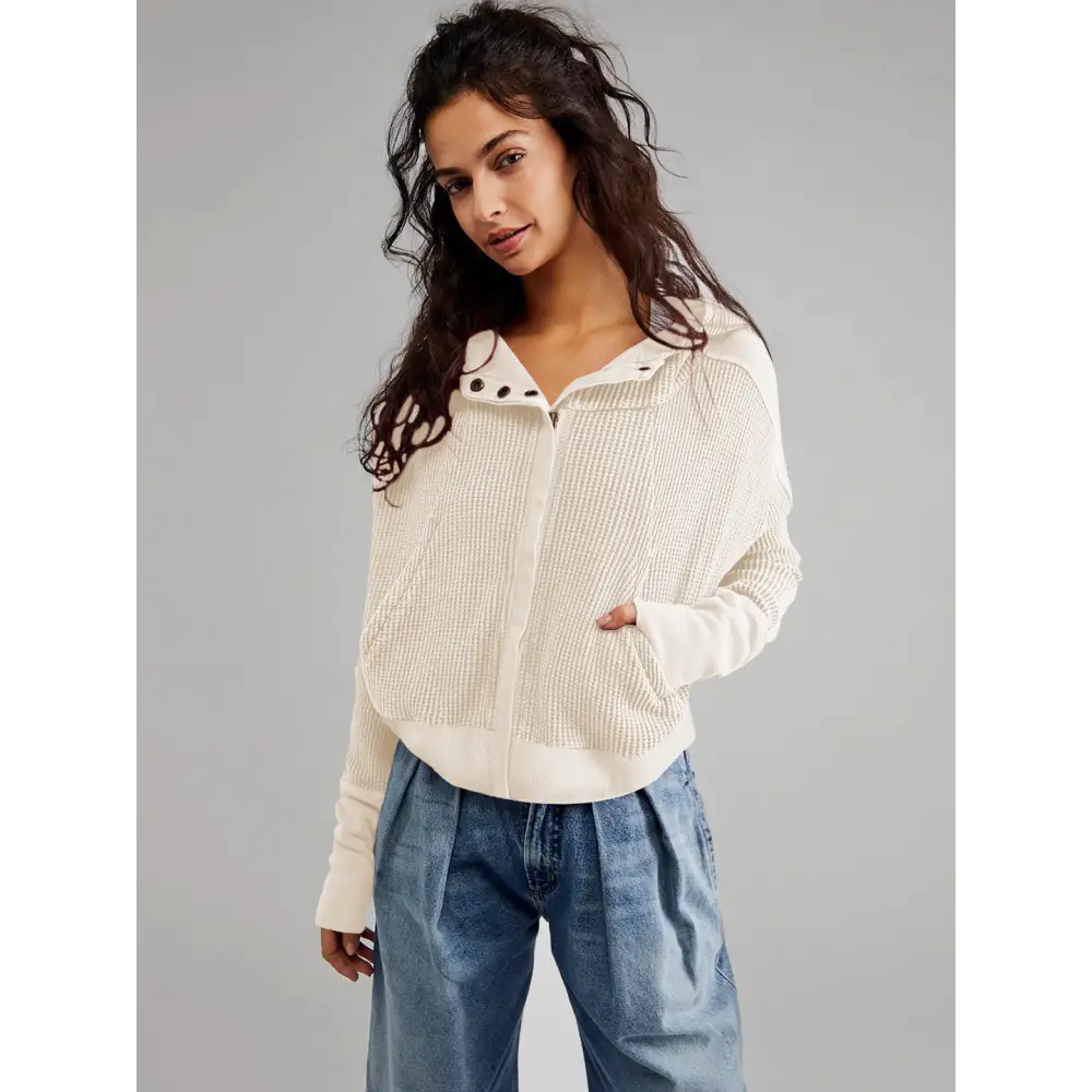 Patchwork Hooded Long Sleeve Loose Lazy Zipper Sweatshirt - S / Beige - Sweatshirts & Hoodies