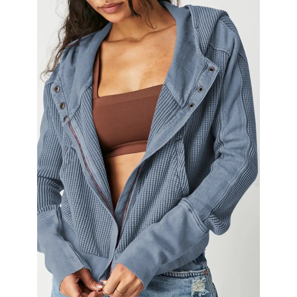 Patchwork Hooded Long Sleeve Loose Lazy Zipper Sweatshirt - S / Blue - Sweatshirts & Hoodies