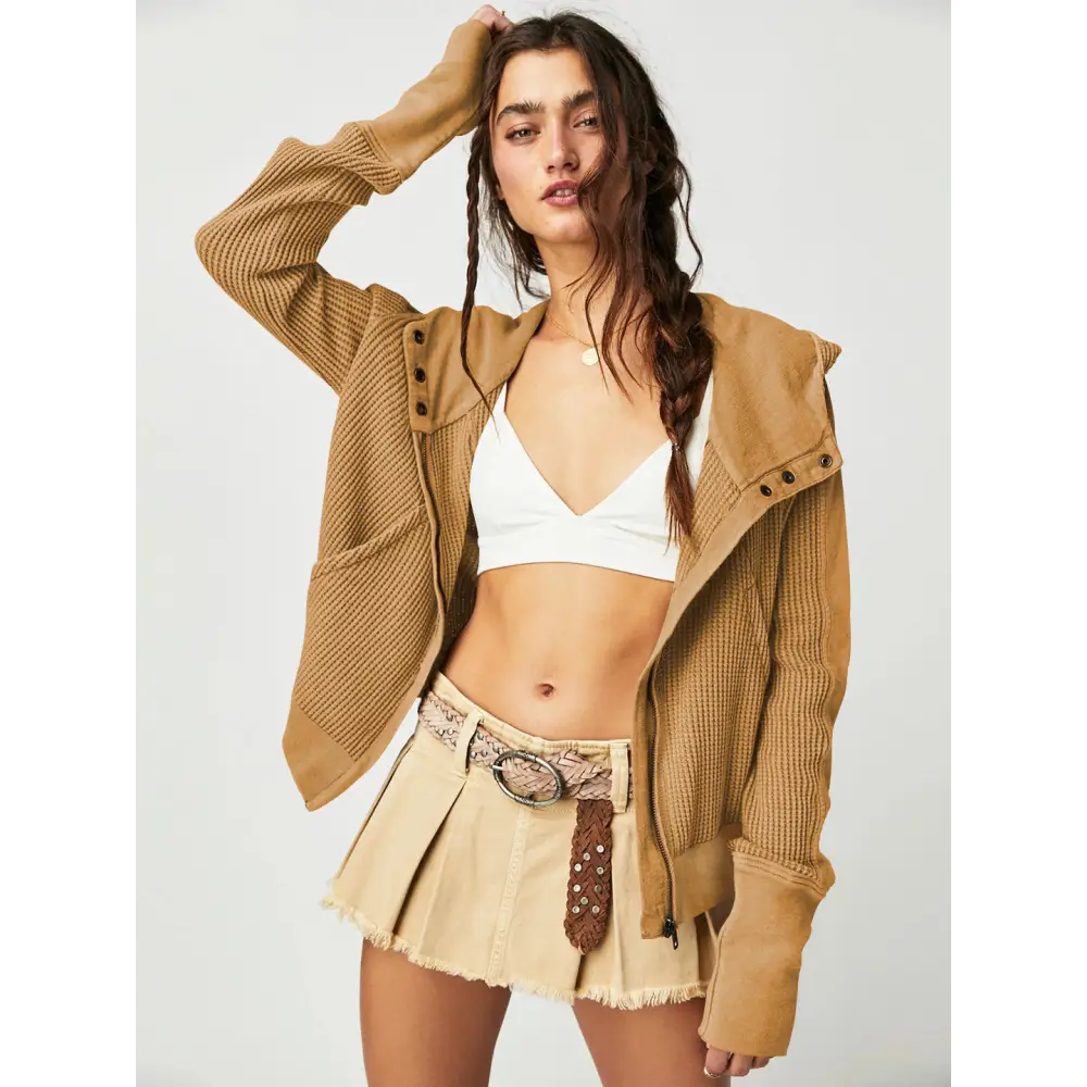 Patchwork Hooded Long Sleeve Loose Lazy Zipper Sweatshirt - S / Brown - Sweatshirts & Hoodies