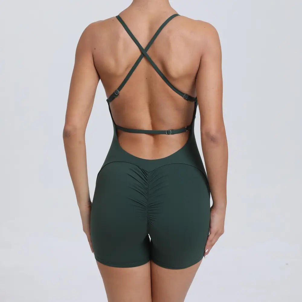 Peach Hip Raise Yoga Running Tight Sports Quick Drying Workout Romper - S / Blackish Green - Activewear