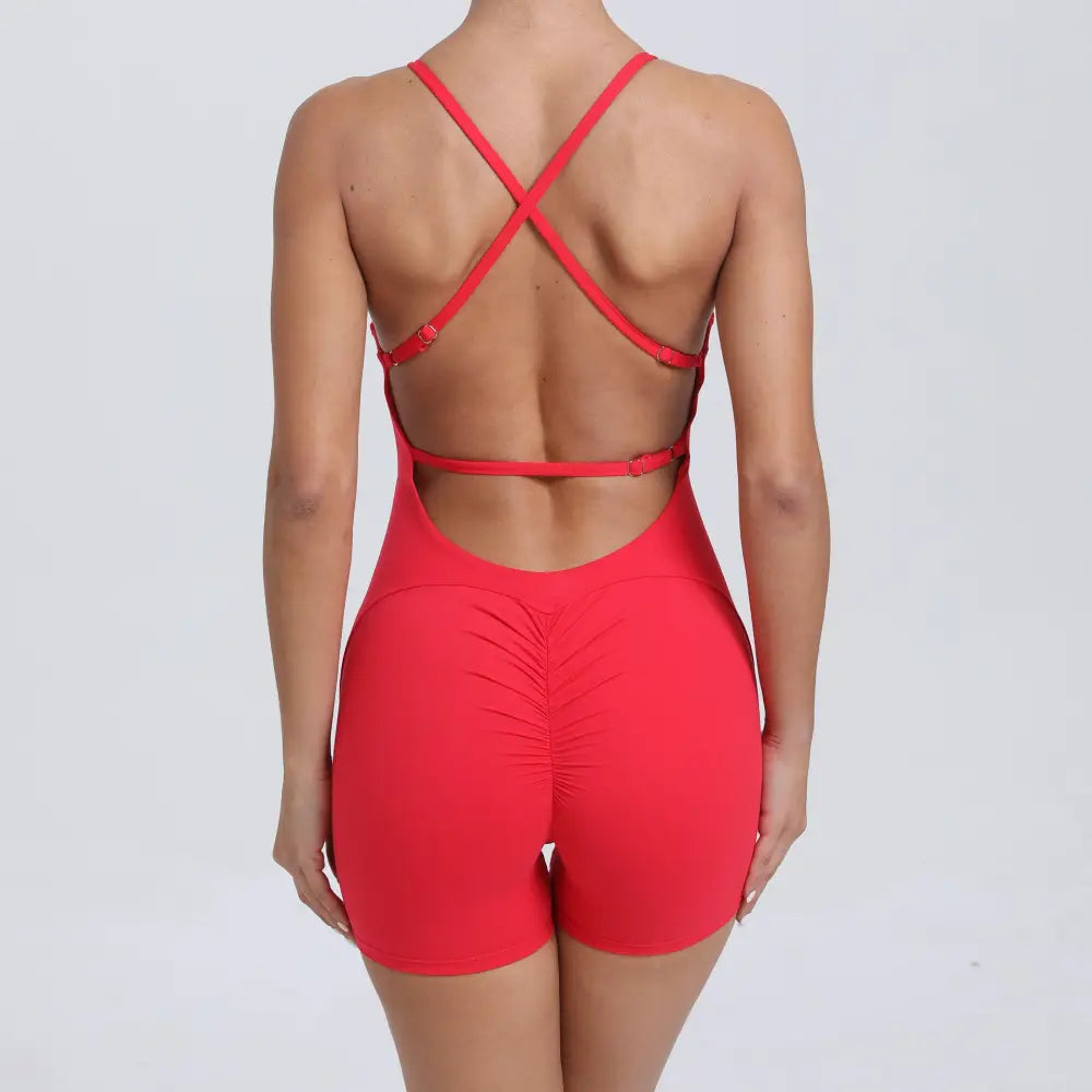 Peach Hip Raise Yoga Running Tight Sports Quick Drying Workout Romper - S / Red - Activewear
