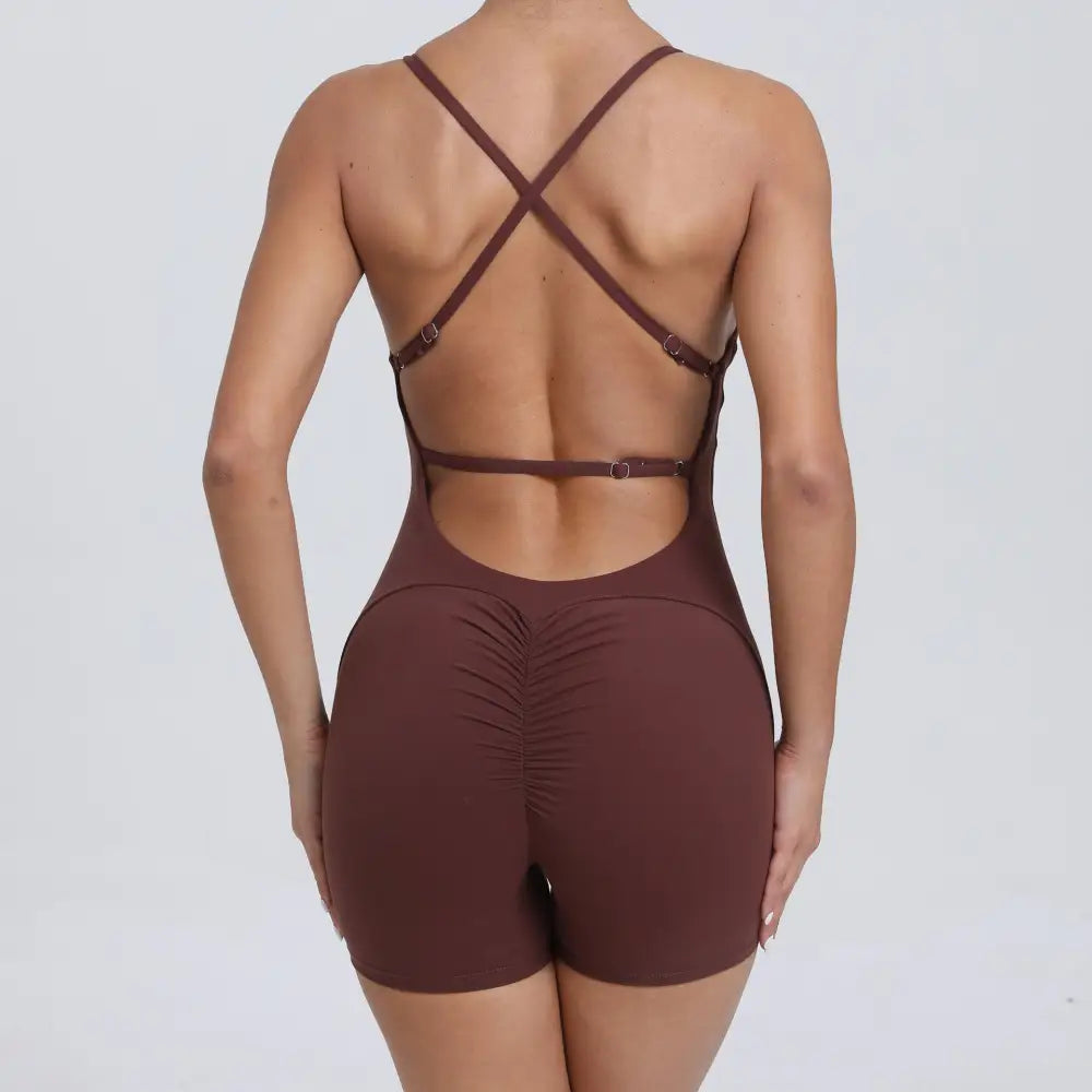 Peach Hip Raise Yoga Running Tight Sports Quick Drying Workout Romper - S / Coffee - Activewear