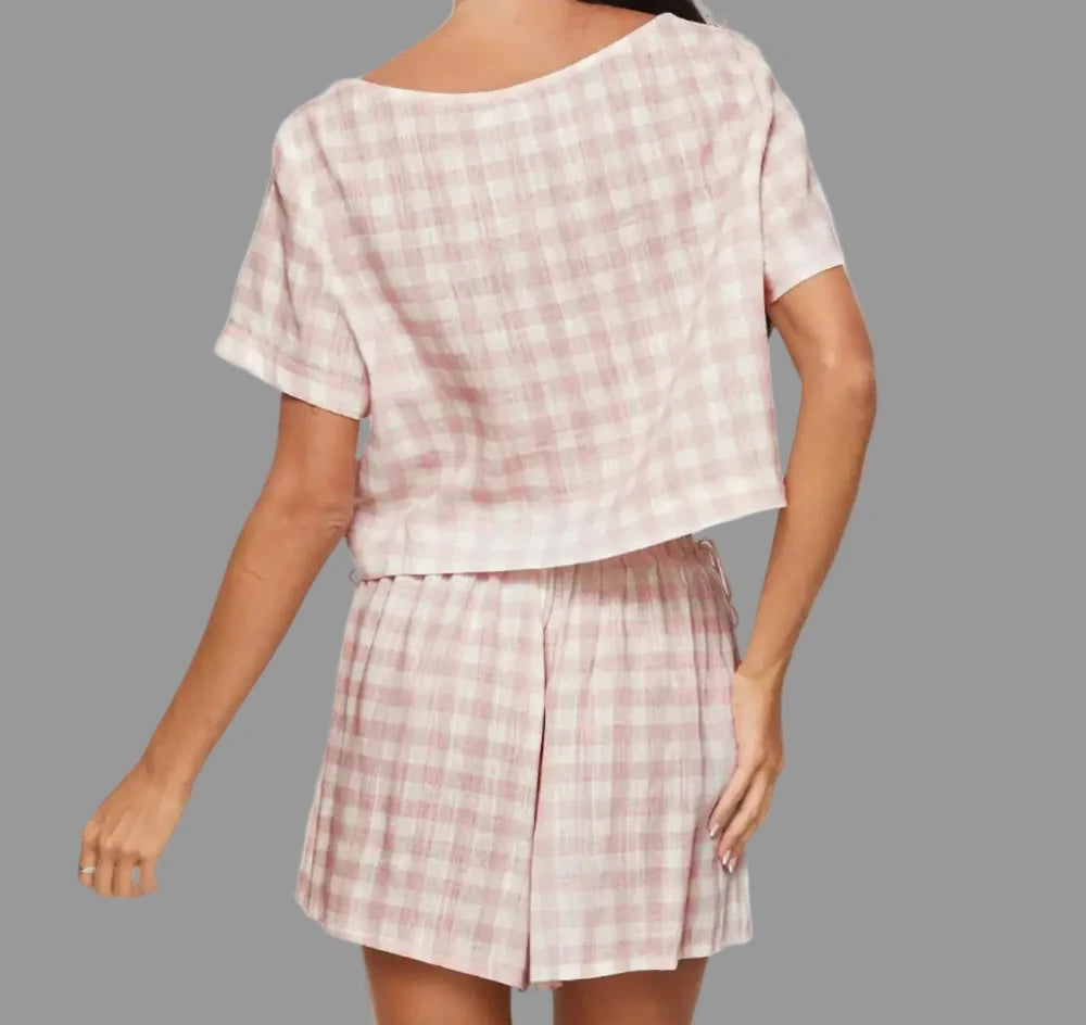 Pink Plaid Bow Lace-up Pajamas Set - Loungewear Sleepwear