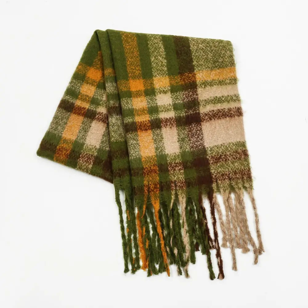 Plaid Tassel Scarf - One Size / Army Green - Scarves