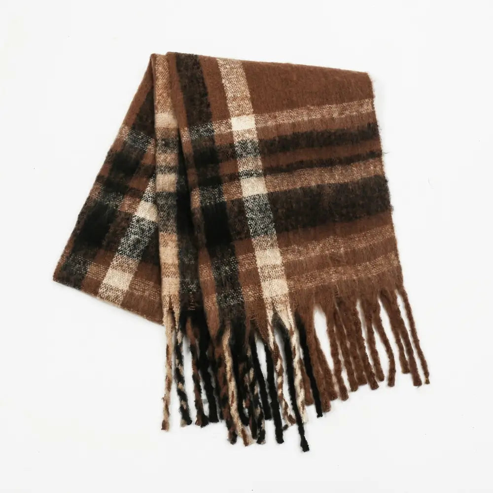 Plaid Tassel Scarf - One Size / Brown - Scarves