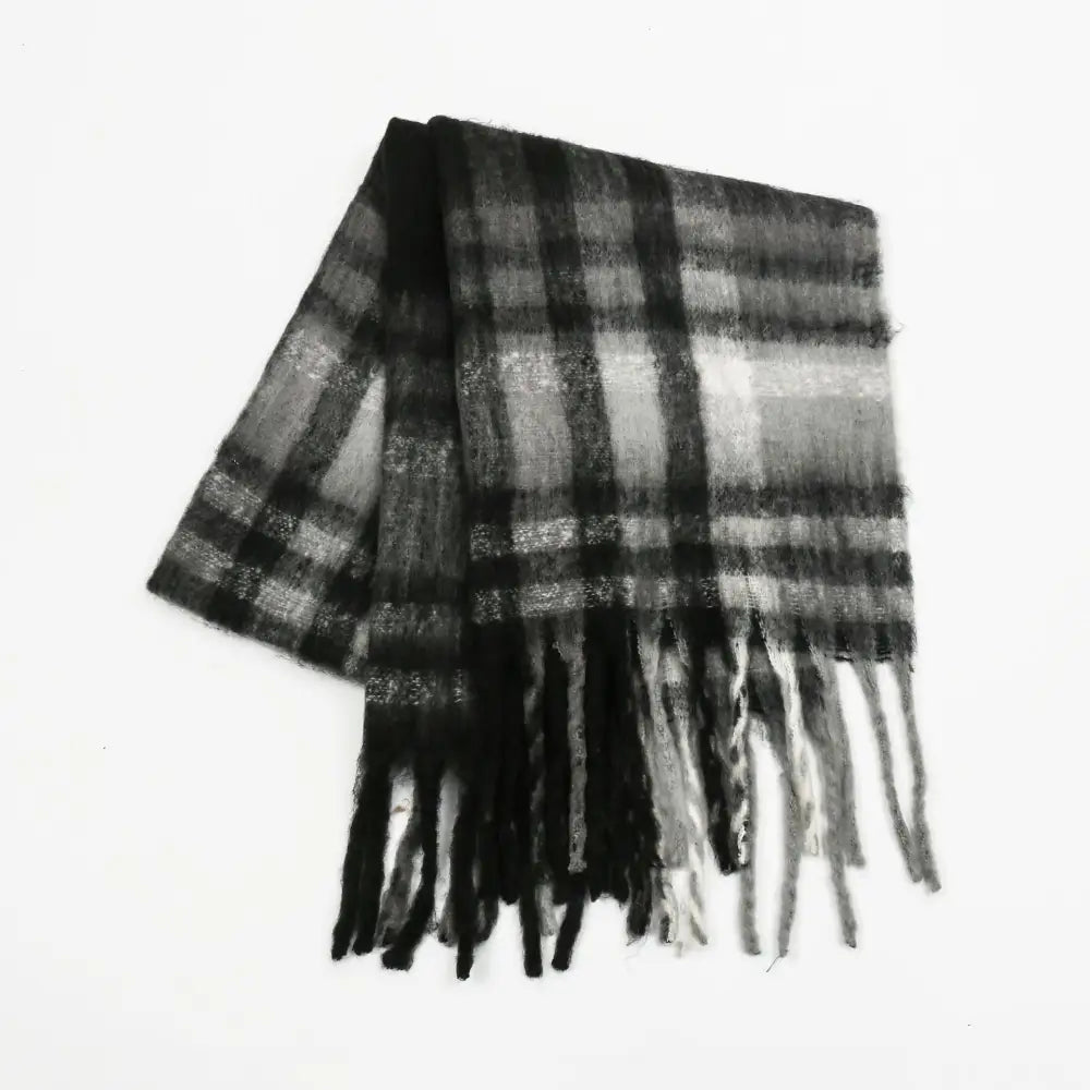 Plaid Tassel Scarf - One Size / Dark Gray - Scarves