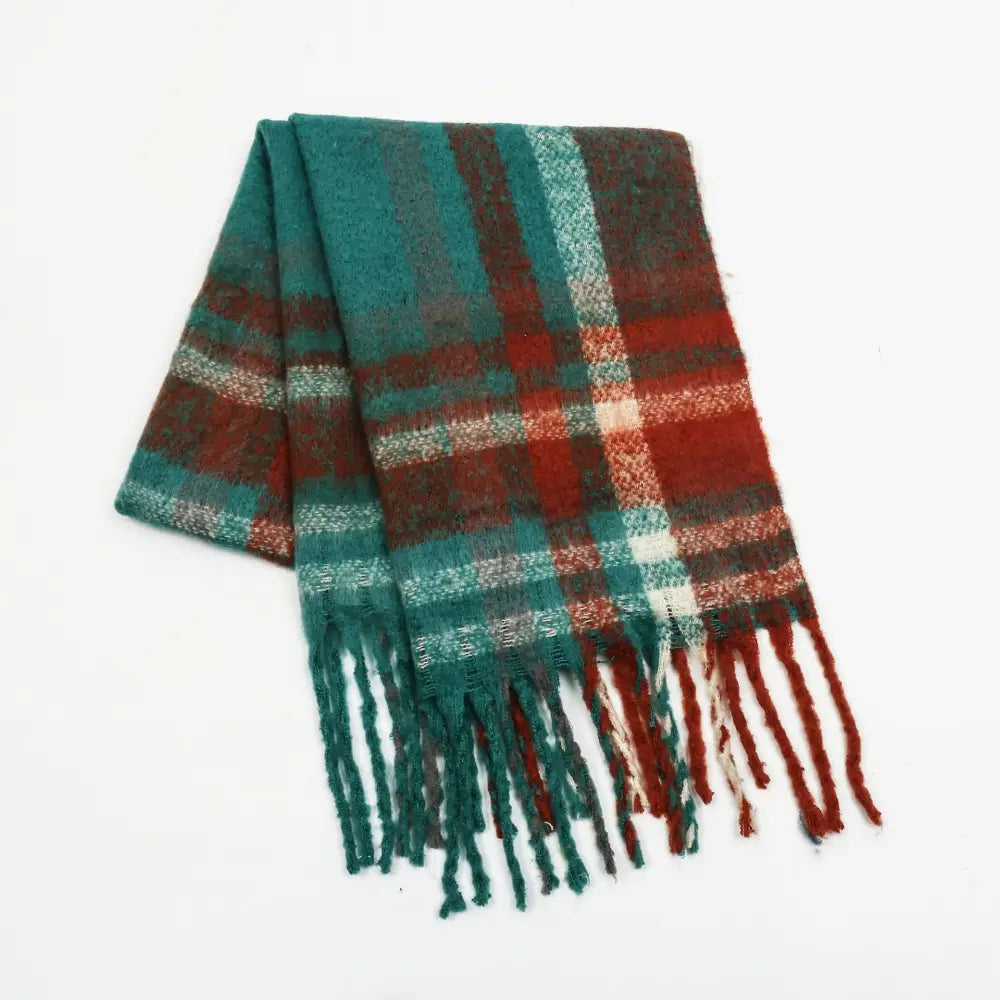 Plaid Tassel Scarf - One Size / Green Orange - Scarves