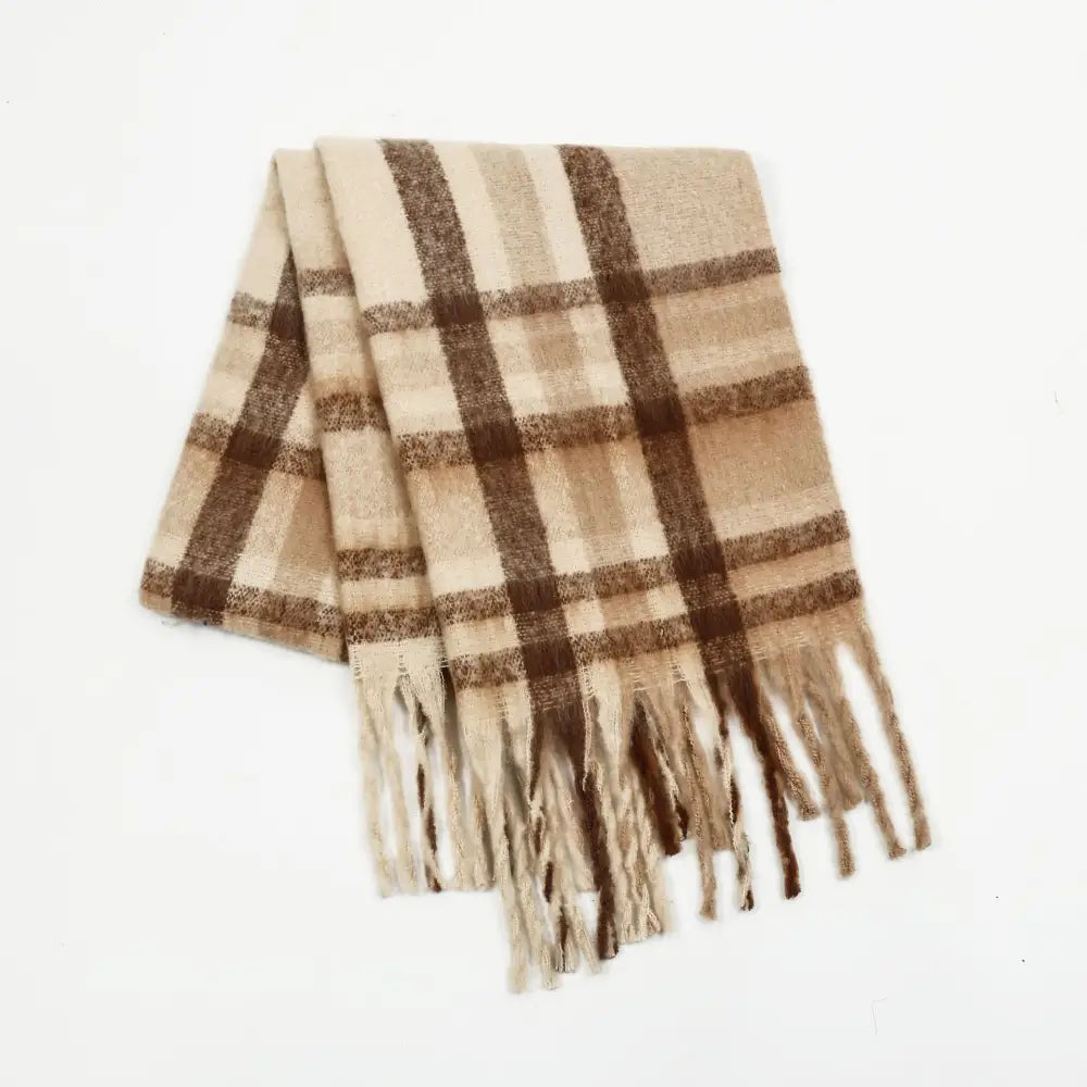 Plaid Tassel Scarf - One Size / Milk Tea Color - Scarves