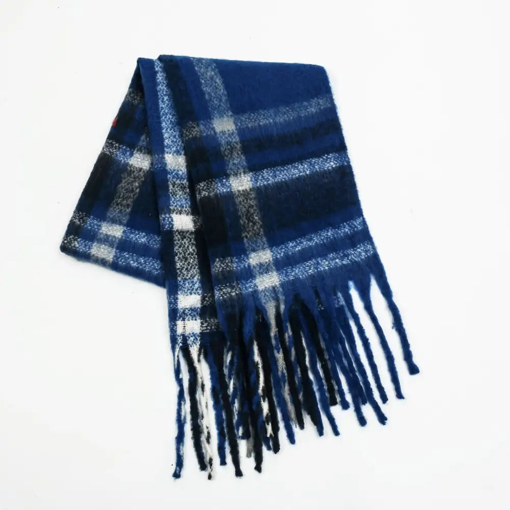 Plaid Tassel Scarf - One Size / royal blue - Scarves