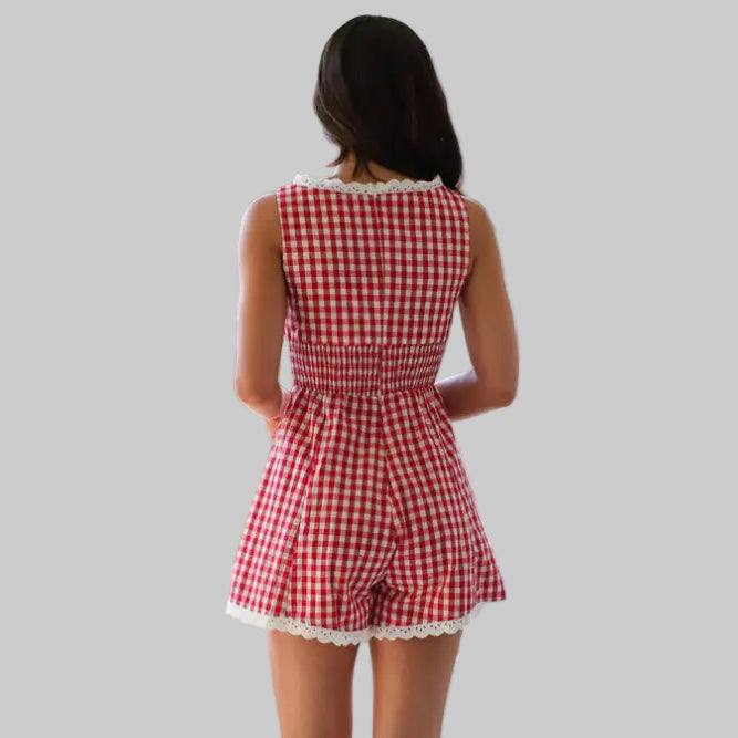 Plaid Waist Tight Stand Collar Short Sleeveless Romper - Rompers