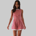 Plaid Waist Tight Stand Collar Short Sleeveless Romper - S / Red - Rompers