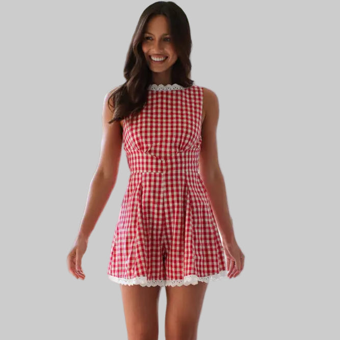 Plaid Waist Tight Stand Collar Short Sleeveless Romper - S / Red - Rompers