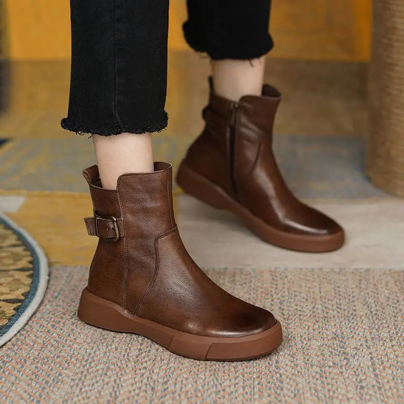 Platform Retro Flat Ankle Boots - 35 / Brown - Shoes