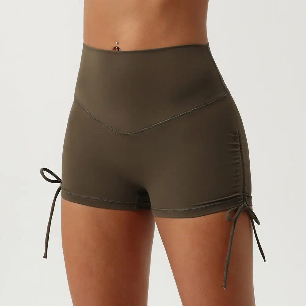 Pleated Drawstring Yoga Shorts - S / Army Green - Activewear