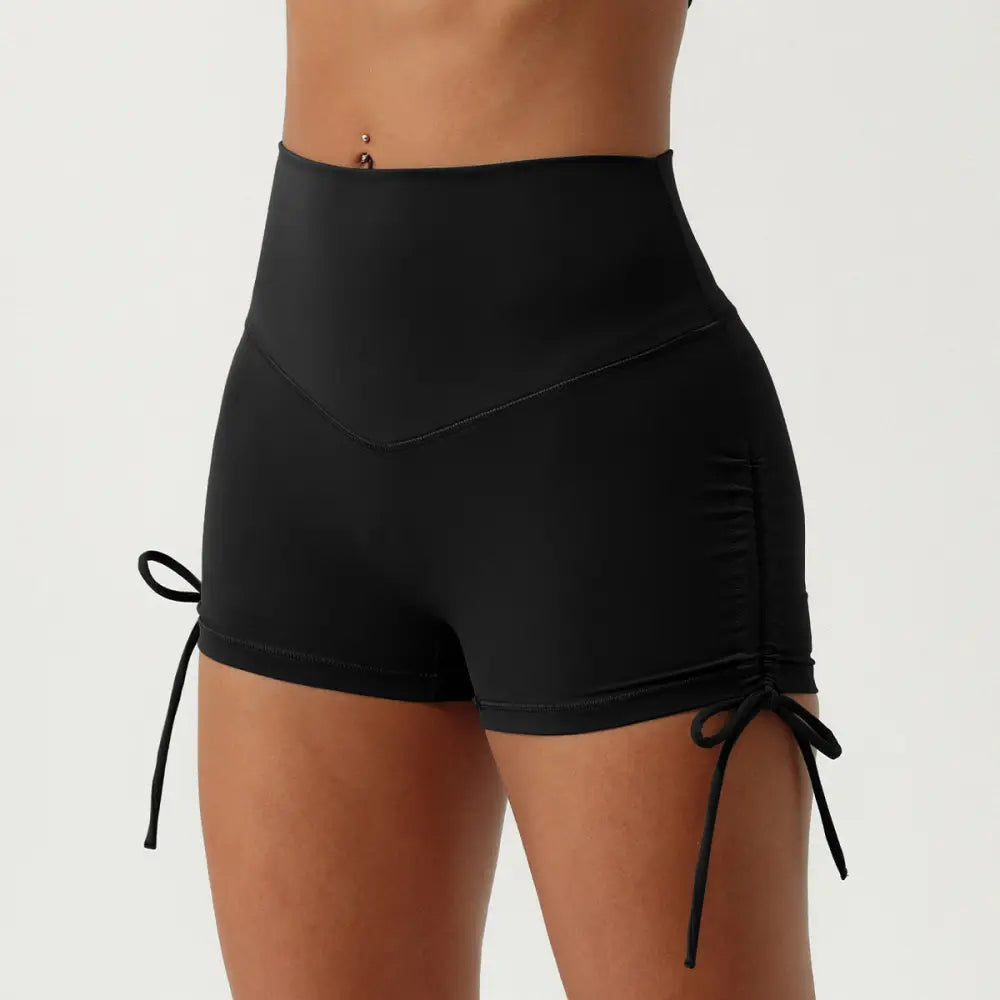 Pleated Drawstring Yoga Shorts - S / Black - Activewear