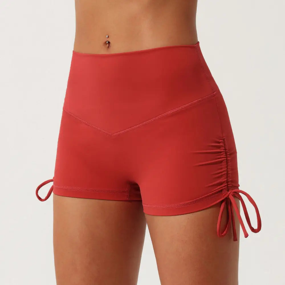 Pleated Drawstring Yoga Shorts - S / Brown Orange - Activewear