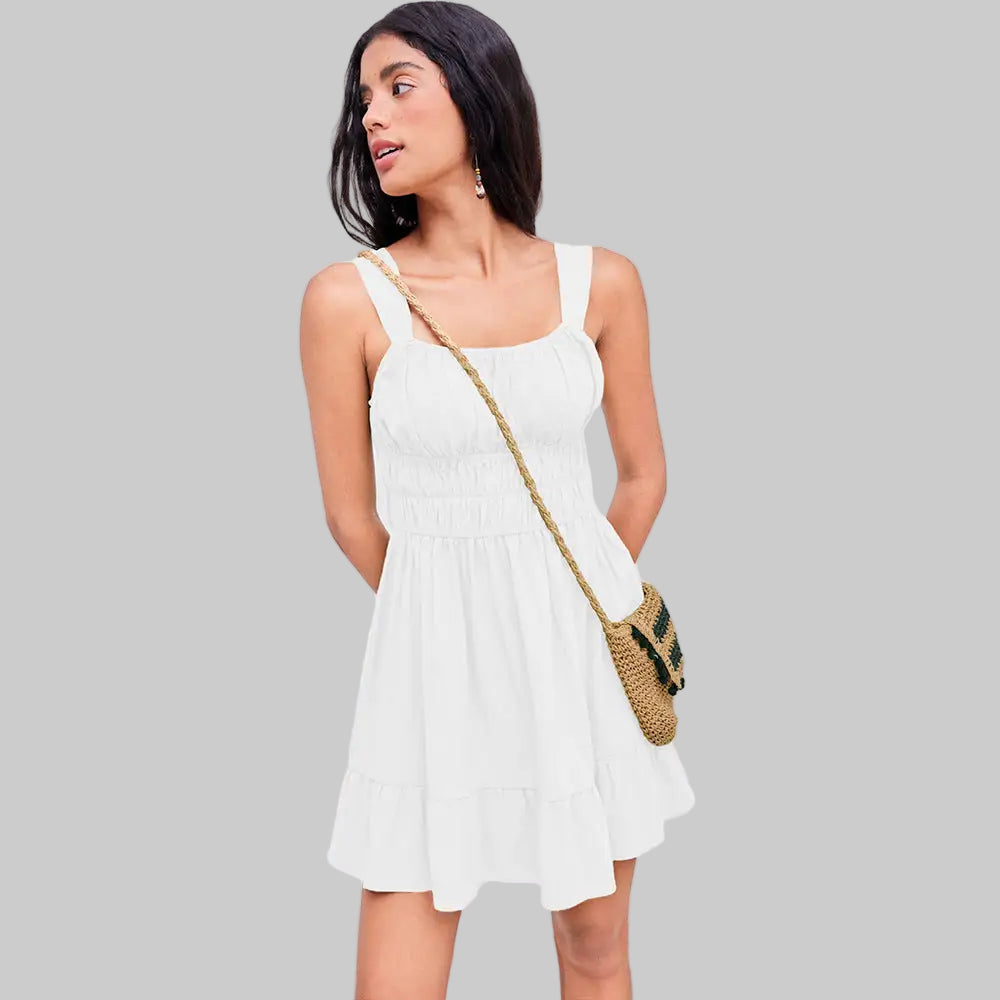 Pleated Waist Slim A-Line Dress - S / White - Dresses