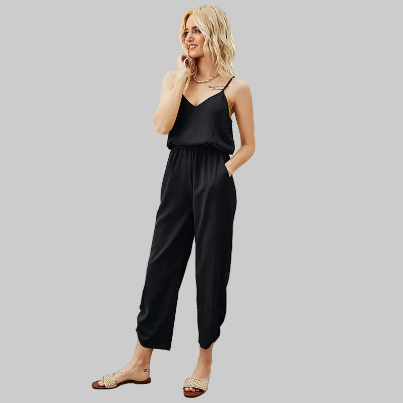 Pleating Backless Pocket Casual Jumpsuit - S / Black - Jumpsuits
