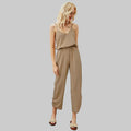 Pleating Backless Pocket Casual Jumpsuit - S / Khaki - Jumpsuits