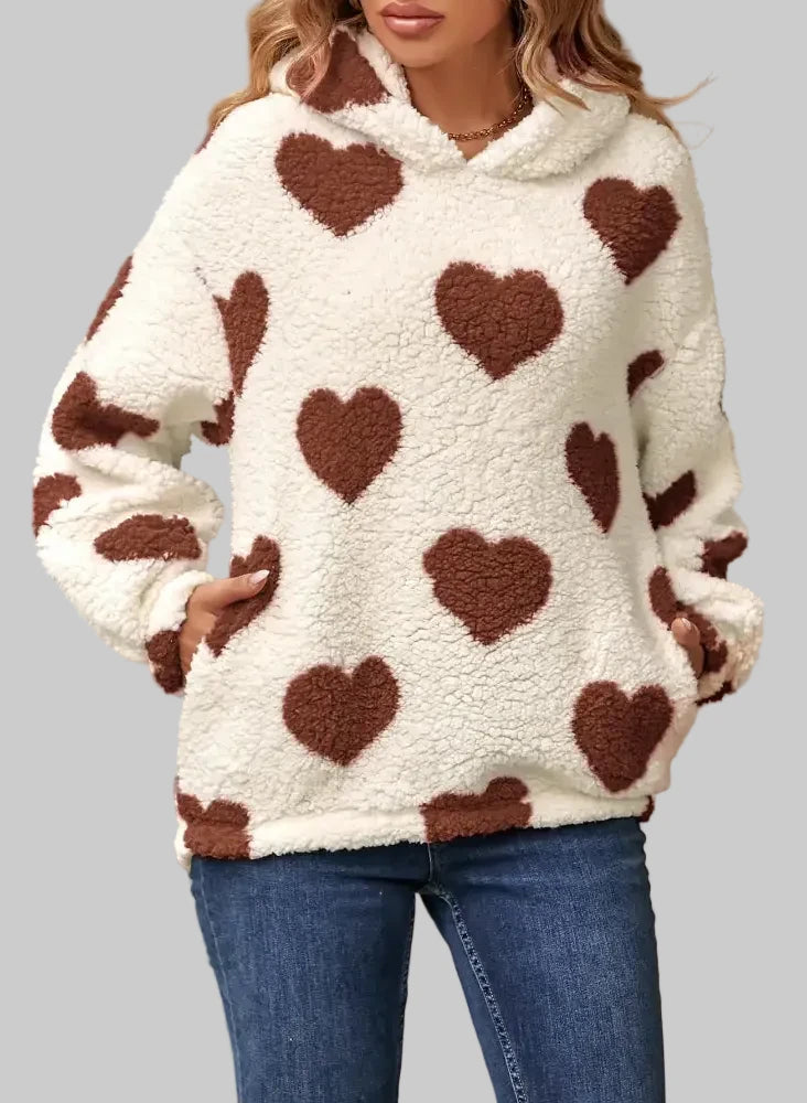 Plush Hooded Love Printed Pullover Sweater - S / Khaki - Sweatshirts & Hoodies