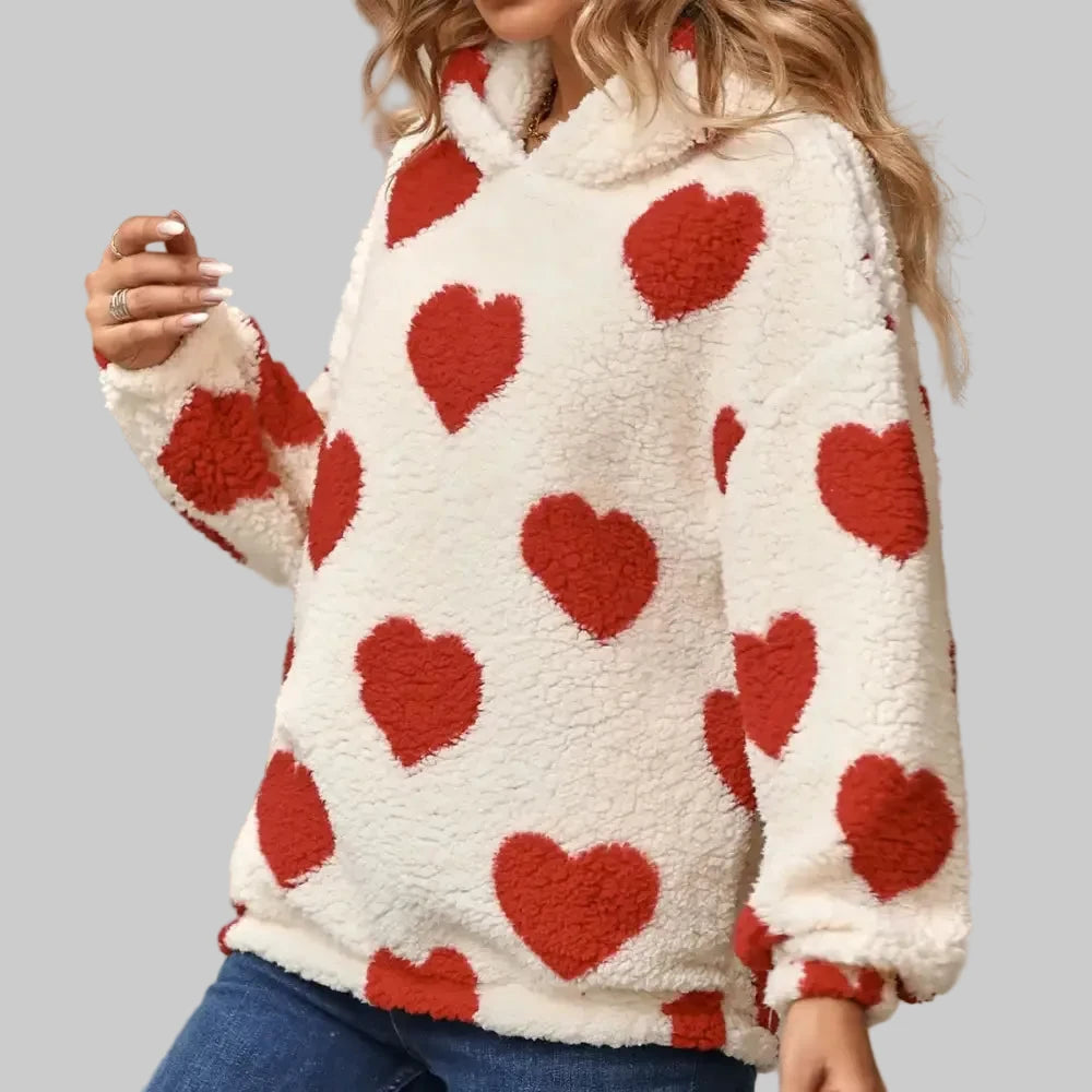 Plush Hooded Love Printed Pullover Sweater - S / Red - Sweatshirts & Hoodies