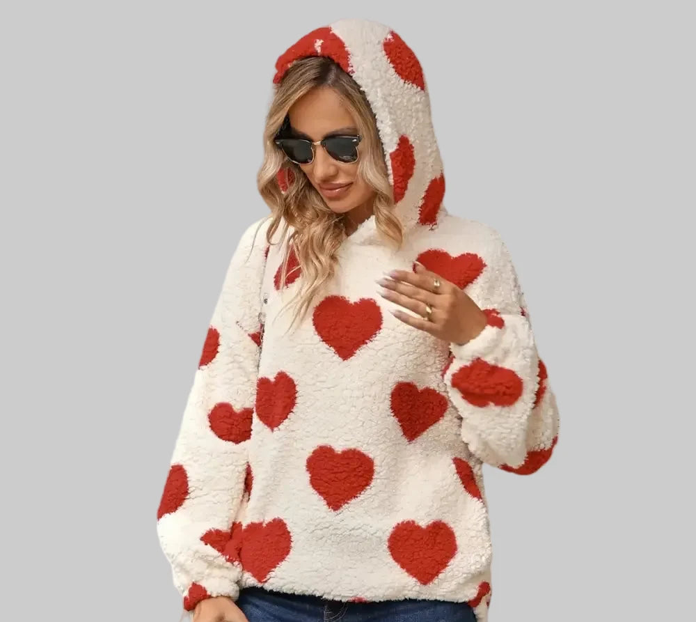 Plush Hooded Love Printed Pullover Sweater - Sweatshirts & Hoodies