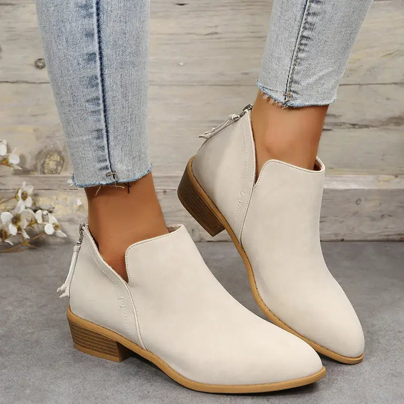 Pointed Toe Back Zipper Ankle Boots - 36 / Ivory - Shoes