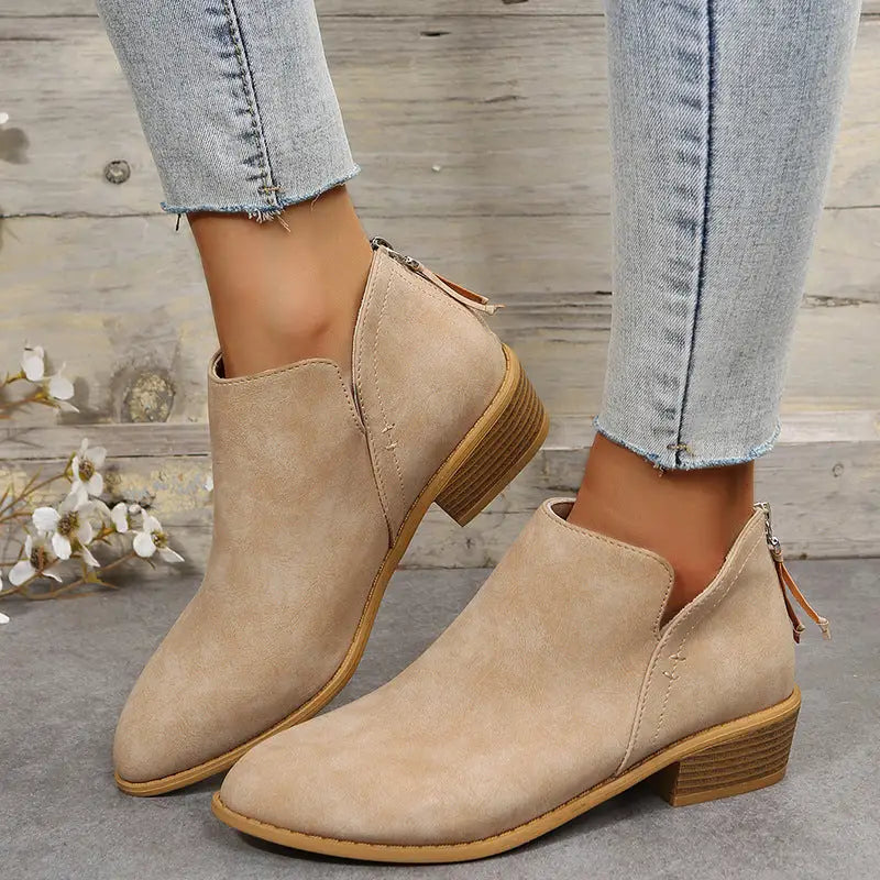 Pointed Toe Back Zipper Ankle Boots - 36 / Khaki - Shoes