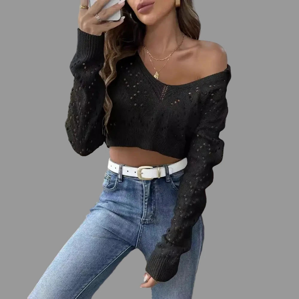 Polo Collar Hollow Cutout Cropped Pullover Sweater - S / Black - Sweaters & Cardigans