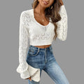Polo Collar Hollow Cutout Cropped Pullover Sweater - S / White - Sweaters & Cardigans