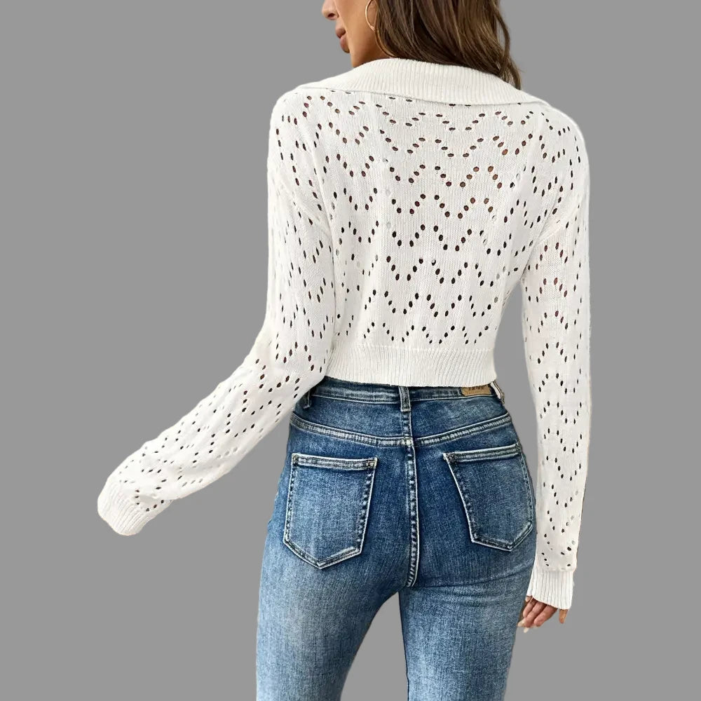 Polo Collar Hollow Cutout Cropped Pullover Sweater - Sweaters & Cardigans