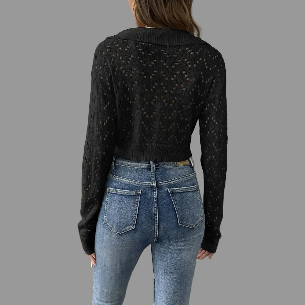 Polo Collar Hollow Cutout Cropped Pullover Sweater - Sweaters & Cardigans