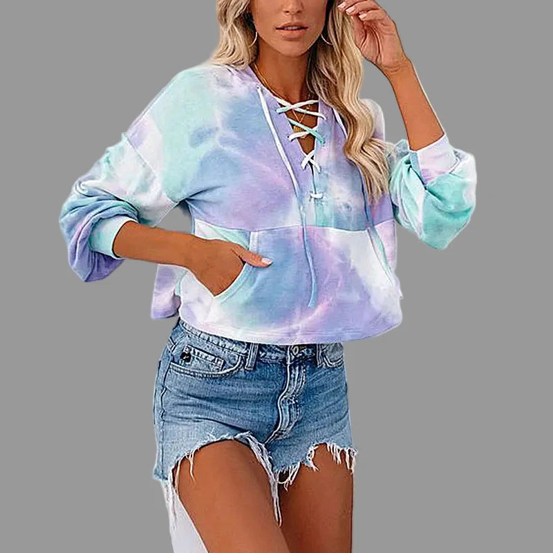 Popular Tie Dye Printed Long Sleeve Lace-up Hoodie - S / Lavender - Sweatshirts & Hoodies