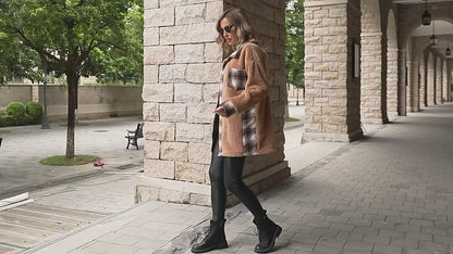 Single-Breasted Collared Mid-Length Plaid Plush Coat