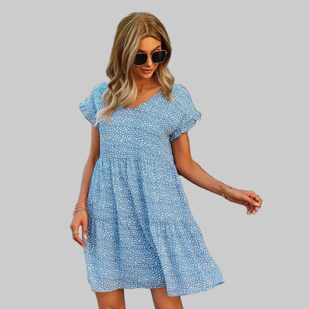 Printed Elegant Loose A-Line Chiffon Dress - S / Blue - Dresses