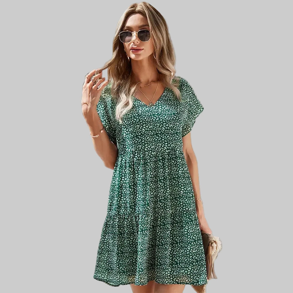 Printed Elegant Loose A-Line Chiffon Dress - S / Green - Dresses