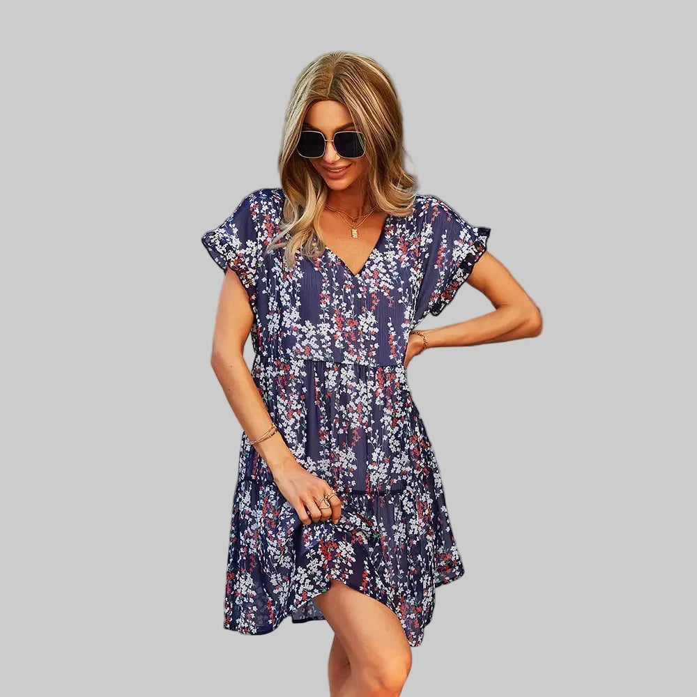 Printed Elegant Loose A-Line Chiffon Dress - S / Navy Blue - Dresses