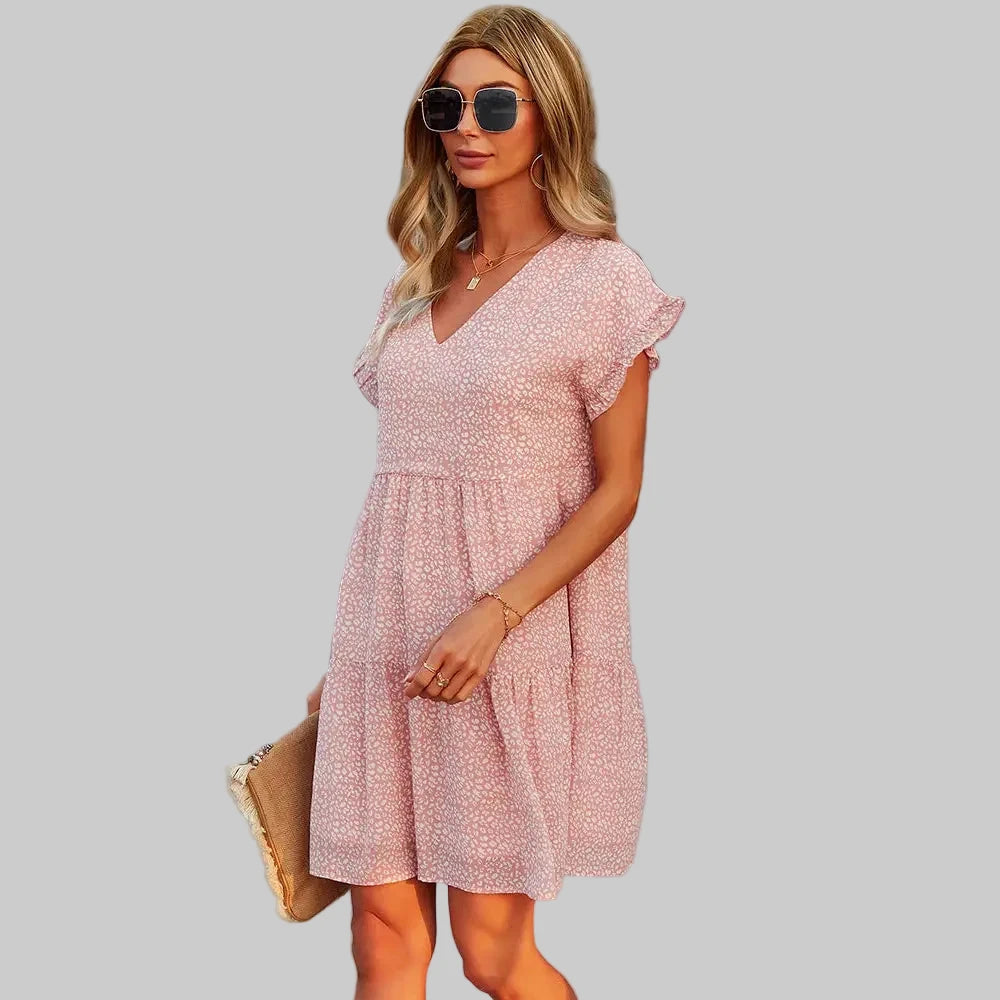 Printed Elegant Loose A-Line Chiffon Dress - S / Pink - Dresses