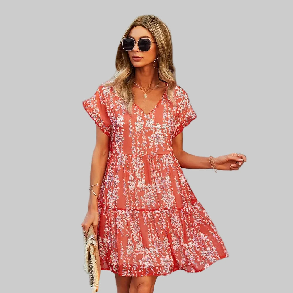 Printed Elegant Loose A-Line Chiffon Dress - S / Red - Dresses