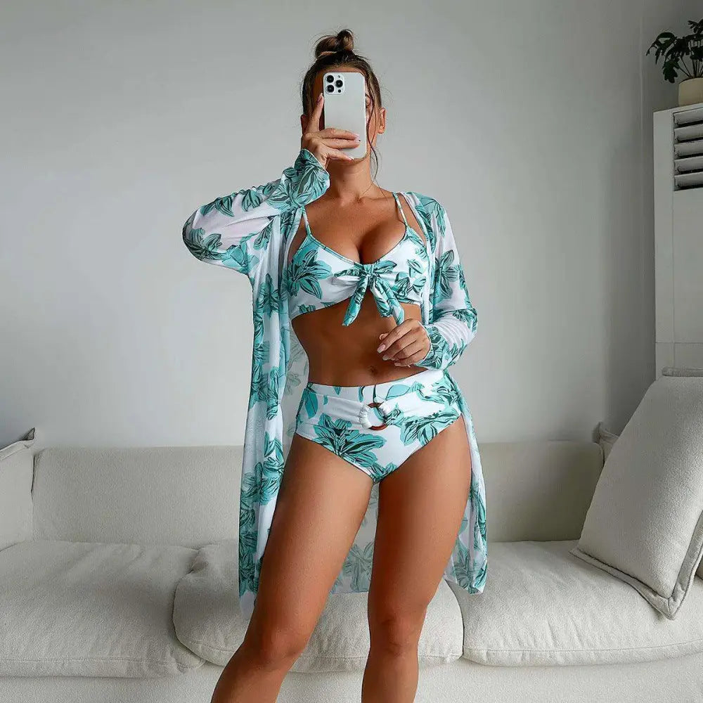 Printed Long-Sleeve Coverup Three-Piece Bikini - S / Green Leaves on White Background - Cover-ups & Kimonos