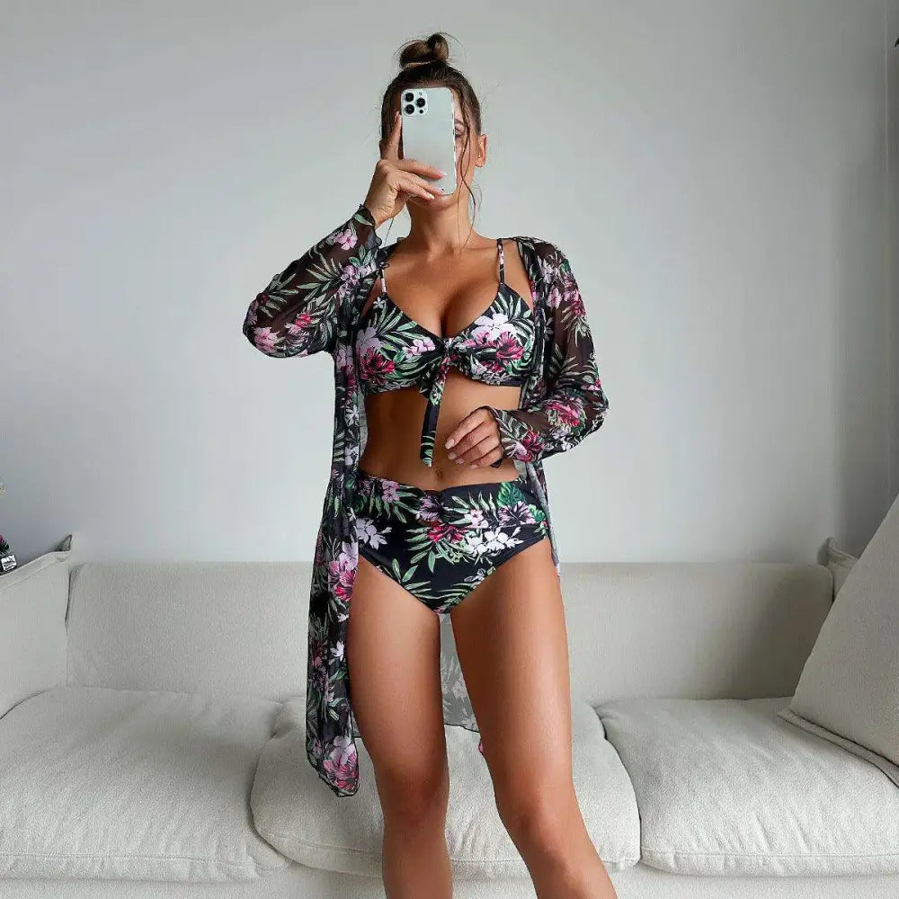 Printed Long-Sleeve Coverup Three-Piece Bikini - S / Red Flower - Cover-ups & Kimonos